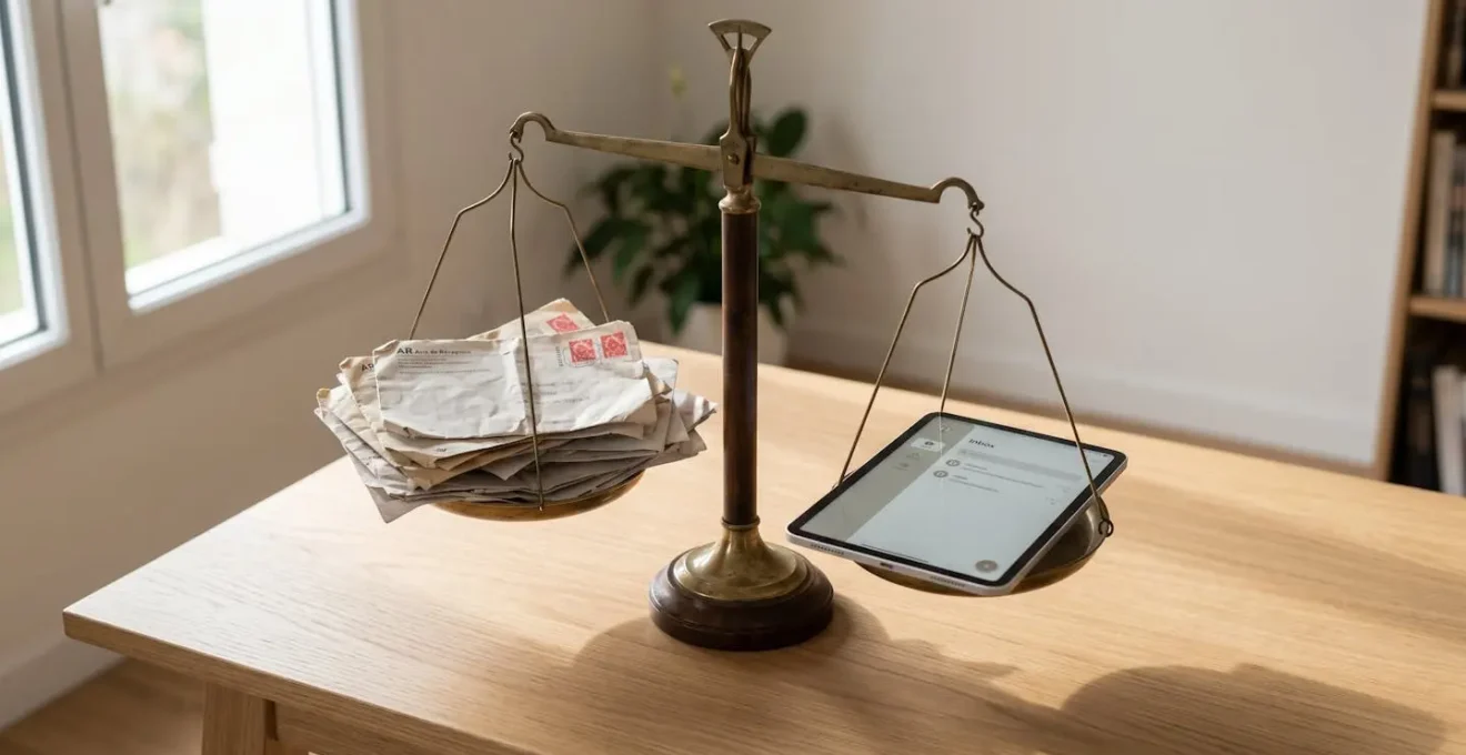 Balance symbolique penche vers tablette numérique moderne, délaissant pile de lettres recommandées papier avec cachets postaux, sur bureau bois clair.