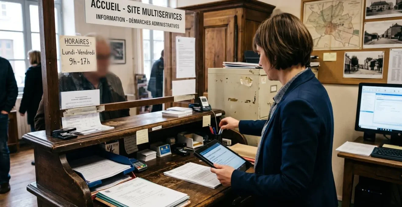Employée site multiservices utilise tablette tactile affichant interface recommandé électronique, client visible en arrière-plan flou, comptoir accueil lumineux.