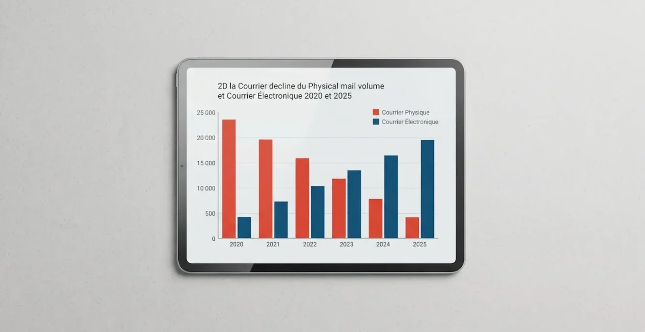 Graphique 3D isométrique montrant déclin barres rouges volumes postal de 2020 à 2025 et croissance barres bleues volumes électronique, courbes se croisant en 2023.