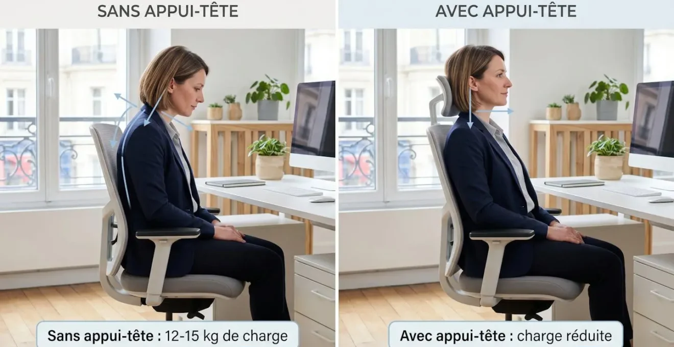 Comparaison profil d'une personne assise sans appui-tête (tête en antéprojection) puis avec appui-tête réglable (tête en position neutre soutenue), avec annotations en français montrant la réduction de charge cervicale