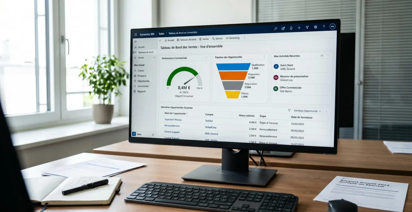 Écran professionnel affichant l'interface Dynamics 365 avec modules ERP et tableaux de données en français