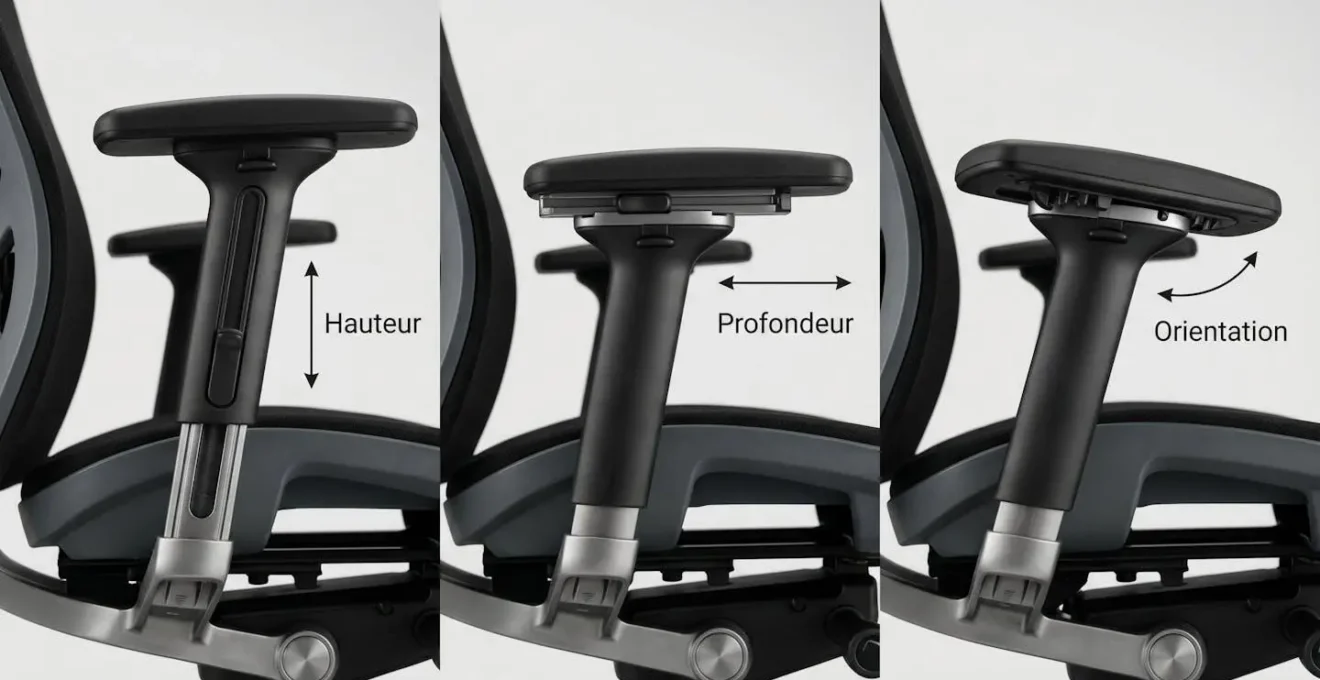 Gros plan sur accoudoir 3D de fauteuil ergonomique montrant les trois axes de réglage (hauteur, profondeur, orientation latérale) avec annotations en français sur fond neutre