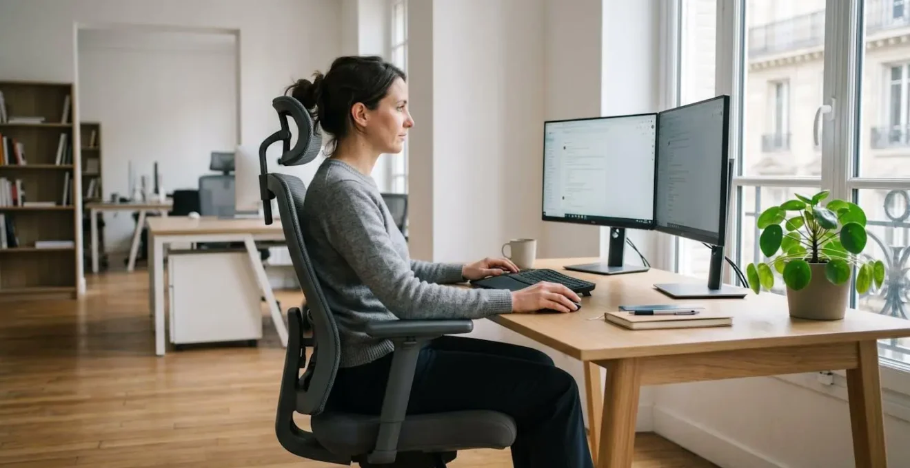 Professionnel assis sur fauteuil ergonomique avec accoudoirs 3D réglés à hauteur optimale et appui-tête ajustable soutenant la nuque, dans un bureau contemporain lumineux avec lumière naturelle