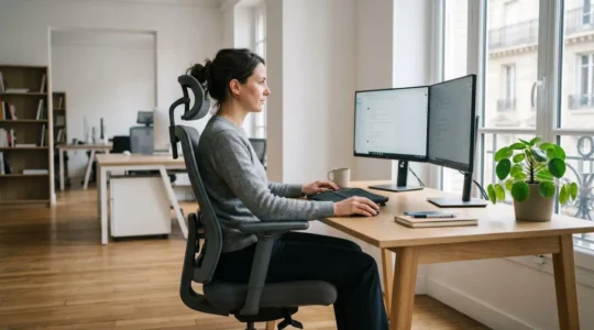 Professionnel assis sur fauteuil ergonomique avec accoudoirs 3D réglés à hauteur optimale et appui-tête ajustable soutenant la nuque, dans un bureau contemporain lumineux avec lumière naturelle