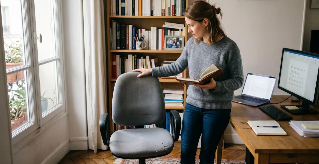 Professionnel en télétravail debout dans son bureau à domicile, une main sur son fauteuil standard actuel, tenant une tablette de l'autre main, expression pensive évaluant un futur investissement ergonomique