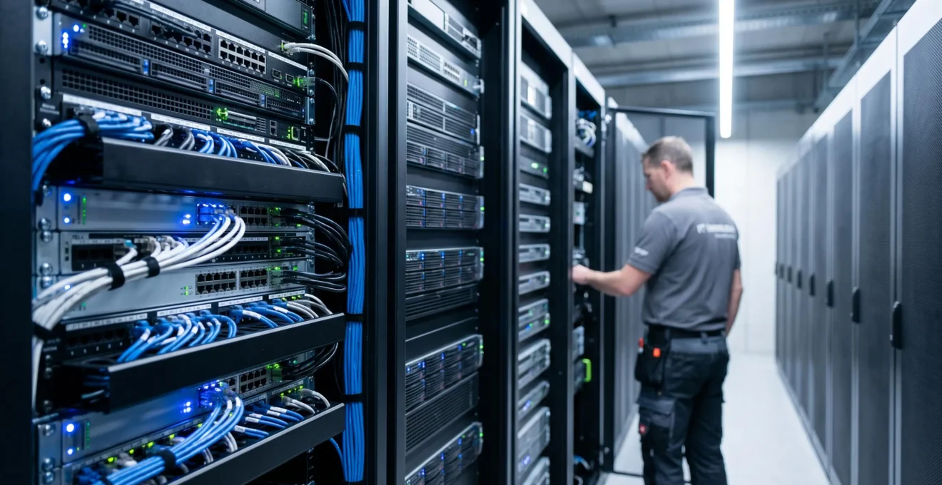 Rangées de serveurs en rack dans un datacenter moderne avec éclairage LED bleu, technicien effectuant une maintenance en arrière-plan