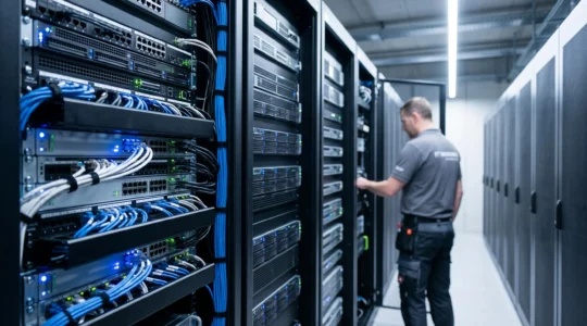 Rangées de serveurs en rack dans un datacenter moderne avec éclairage LED bleu, technicien effectuant une maintenance en arrière-plan