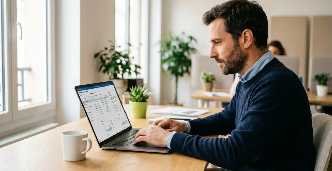 Responsable IT utilisant un laptop affichant Windows Admin Center pour administrer un serveur à distance depuis son bureau