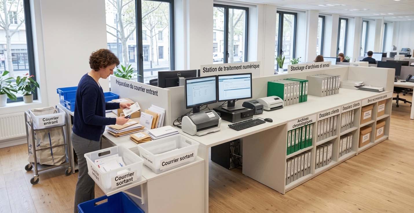 Vue d'ensemble d'un espace de travail administratif organisé pour le traitement optimisé des courriers recommandés