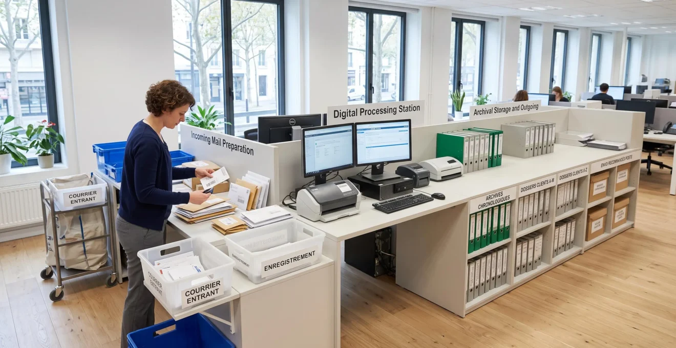 Vue d'ensemble d'un espace de travail administratif organisé pour le traitement optimisé des courriers recommandés