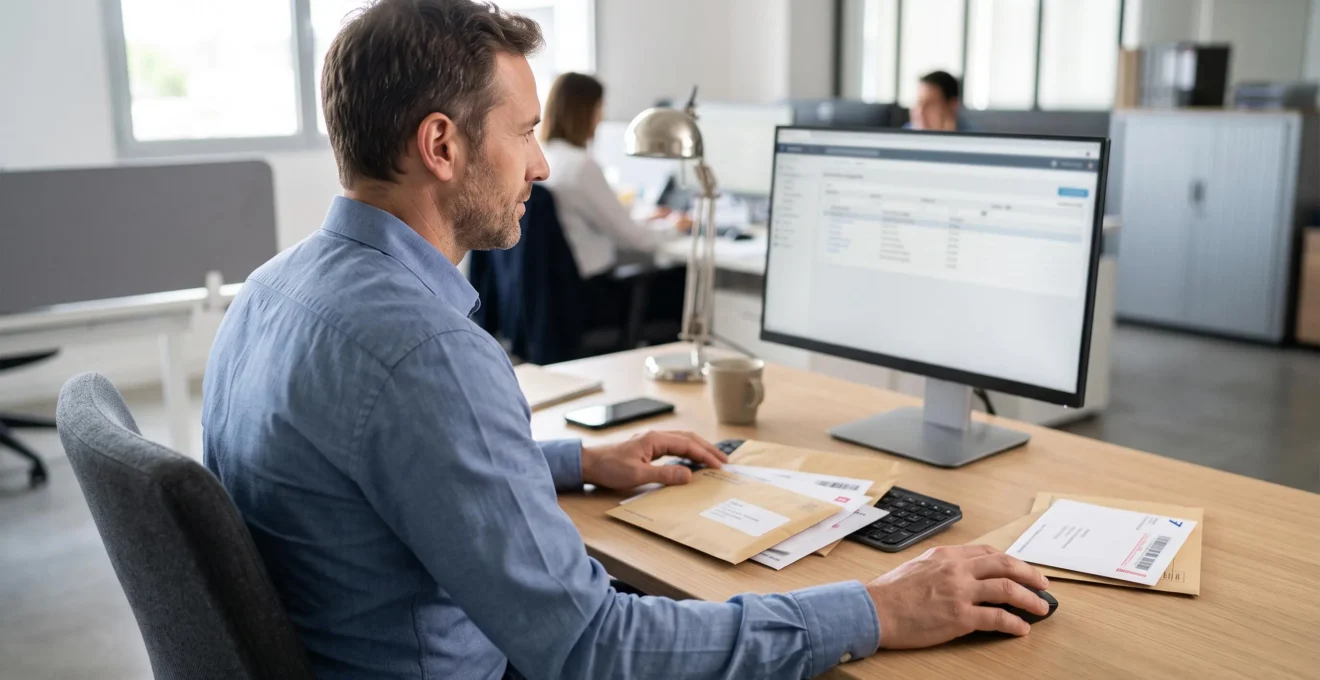 Professionnel consultant un système informatique tout en traitant des courriers recommandés physiques sur son bureau