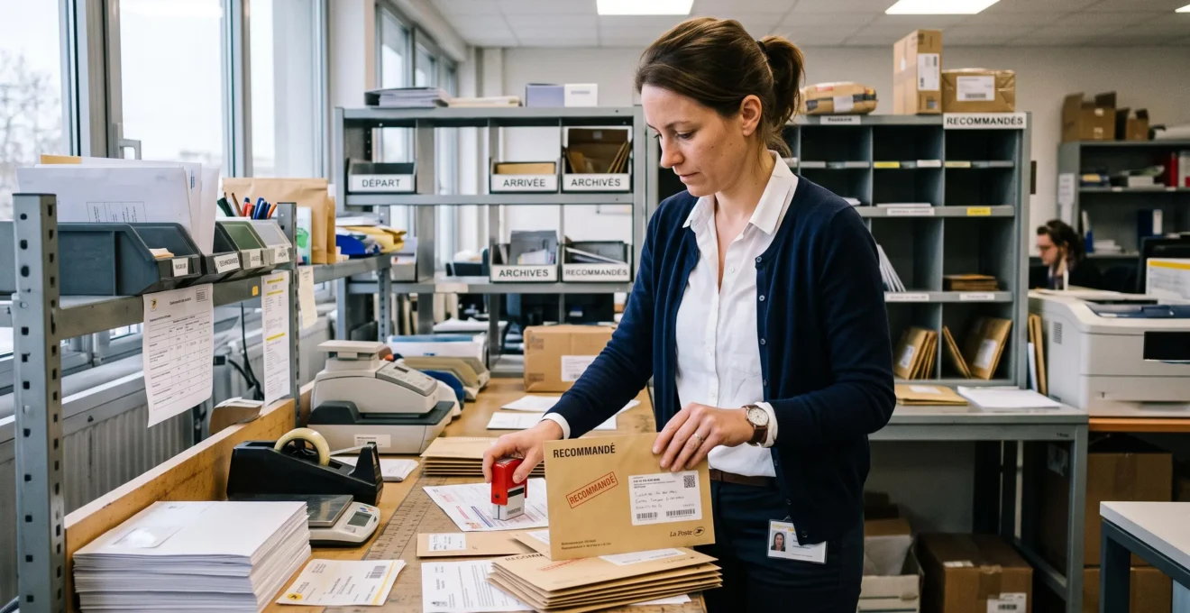 Employée administrative préparant des enveloppes de courriers recommandés dans un service courrier d'entreprise