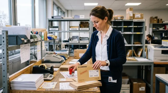 Employée administrative préparant des enveloppes de courriers recommandés dans un service courrier d'entreprise