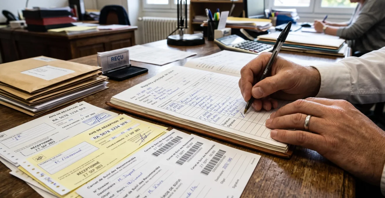 Gros plan sur un bureau administratif avec registre papier et documents de suivi de courriers recommandés