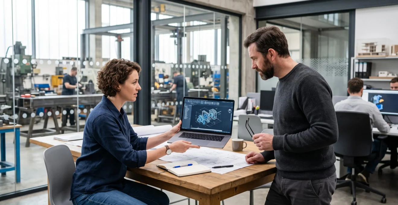 Un ingénieur montre des plans techniques sur un ordinateur portable à un consultant externe dans un bureau d'études.